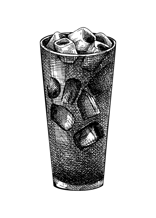  Morning coffee cup - hand-sketched illustration. Vector sketch of  glass with iced coffee. Caffeine drink with ice hand-drawing isolated on white background